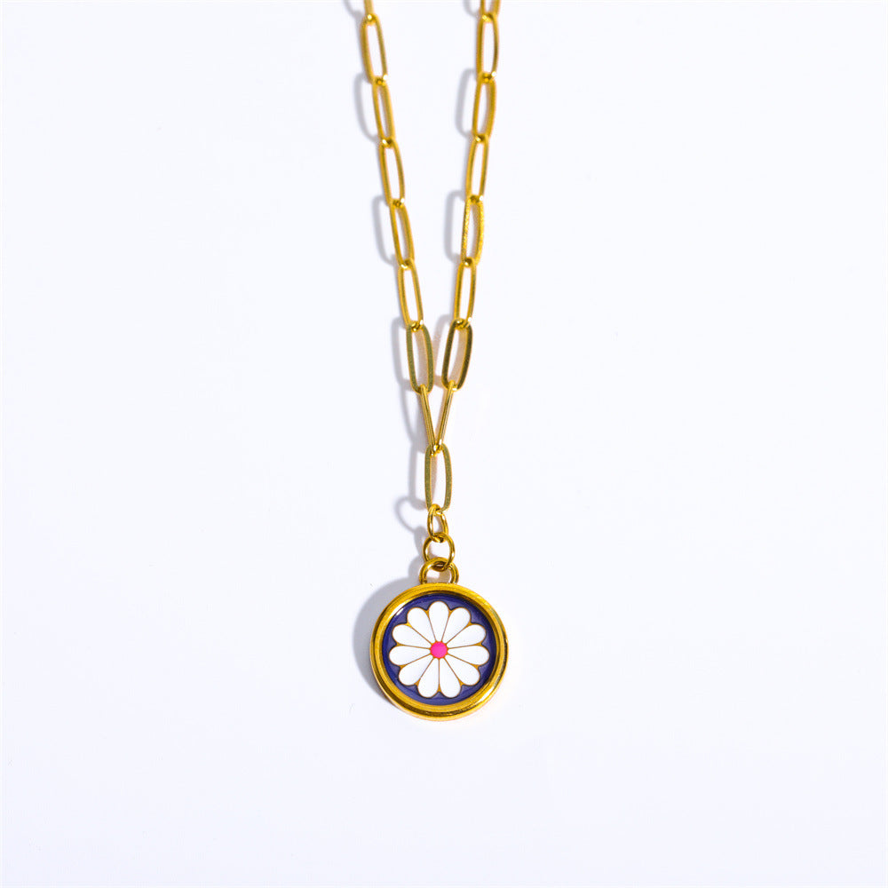 Wholesale Titanium Steel Small Daisy Round Coin Necklace